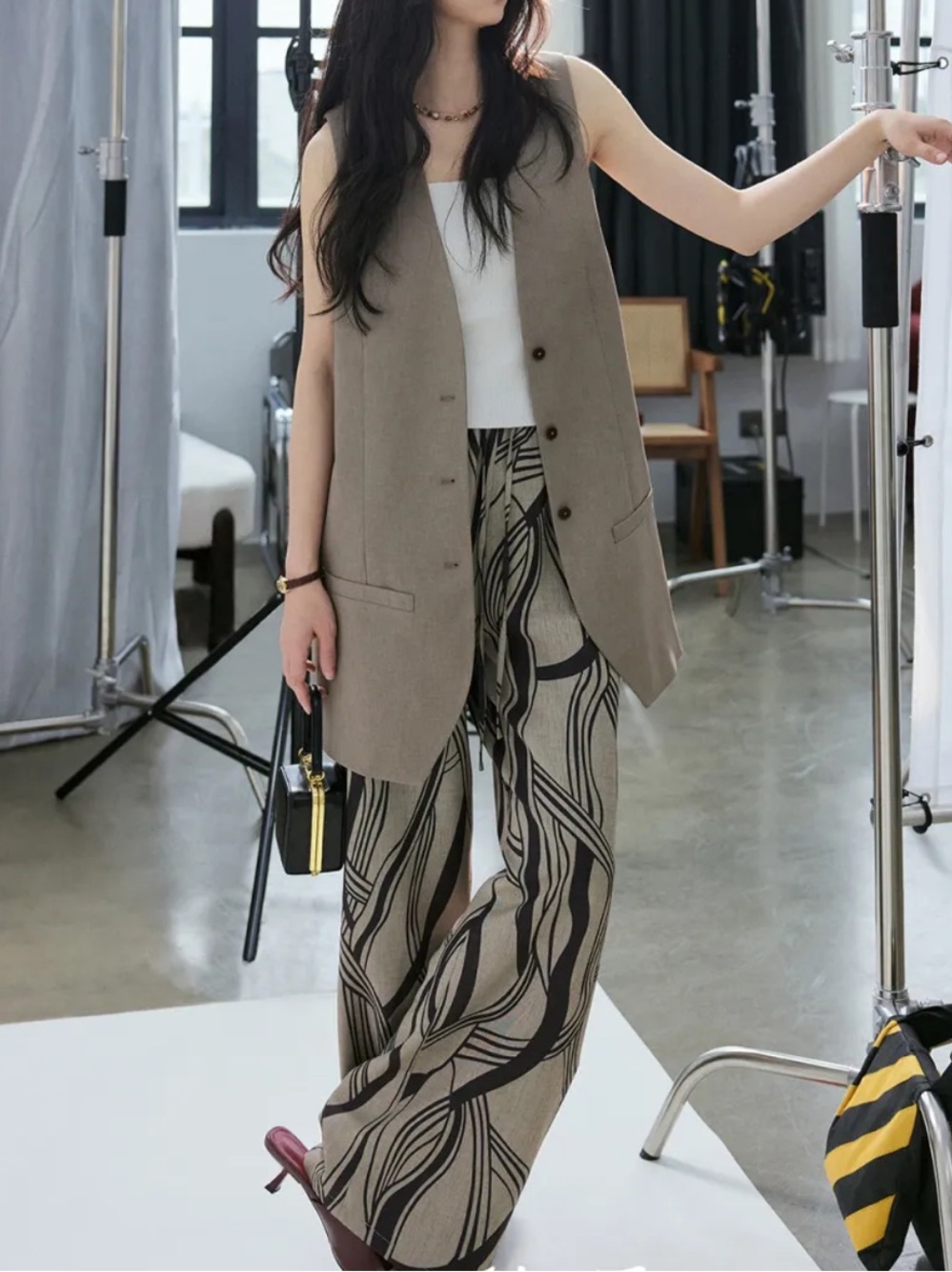 NINELAB.JH Abstract Print Wide Leg Drawstring Summer Pants S